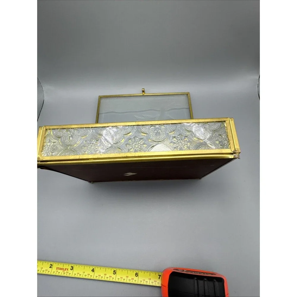 Vtg Glass and Brass  Trinket Box Etched Goose Geese- Mirrored Bottom.6.5x5x1.5”